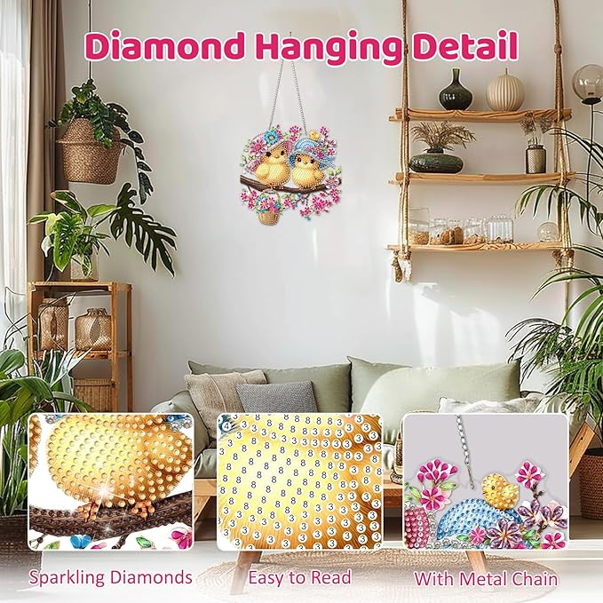 MEIYUDA Bird Diamond Art Hanging Kits for Adult, Flowers Bird Diamond Painting Hanging Kits Ornaments, DIY Special Shaped Rhinestone Window Pendants Kit for Home Garden Wall Decor Gift