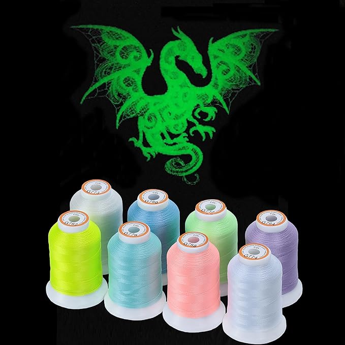New brothread 8 Colors Luminary Glow in the Dark Embroidery Machine Thread Kit 30WT 500M(550Y) Each Spool for Embroidery, Quilting, Sewing
