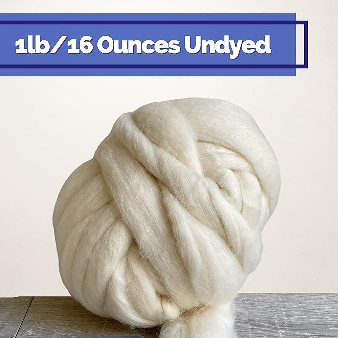 Revolution Fibers Cheviot Wool Roving Top 1 lb (16 Ounces) for Spinning | Soft Chunky Jumbo Yarn for Arm Knitting Blanket |100% Natural Undyed (Off-White) Wool Yarn Bulk, Felting Core, Carded Stuffing