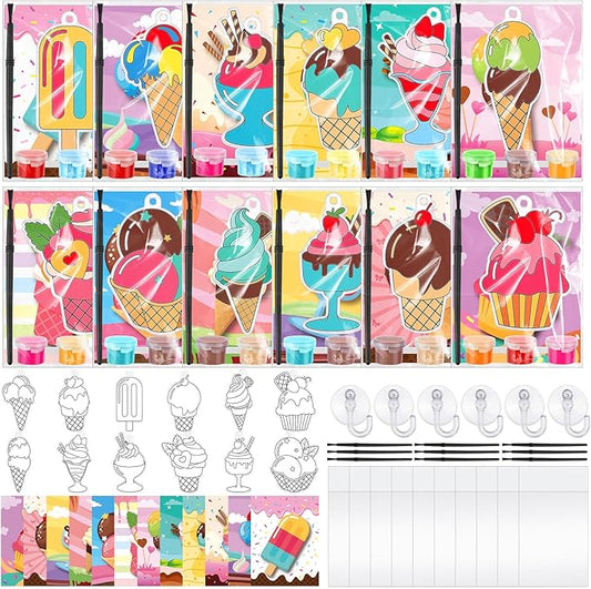 Geelin 24 Sets Summer Suncatchers Ornaments Decorations Ice Cream DIY Window Paint Art Christmas Suncatchers Craft Kits Sun Catchers for Birthday Summer Party Gift