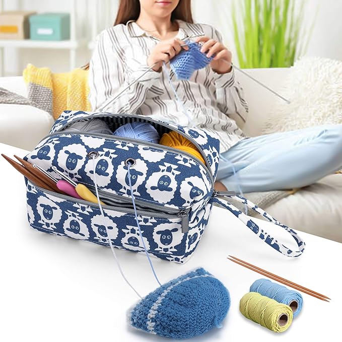 LUXJA Small Yarn Storage Bag, Portable Knitting Bag for Yarn Skeins, Crochet Hooks, Knitting Needles (up to 8 Inches) and Other Small Accessories (Sheep)