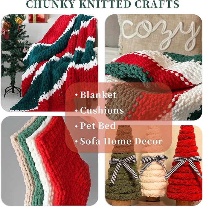 SUNTQ 8 Pack Chunky Chenille Yarn for Crocheting, Bulky Thick Fluffy Yarn for Hand Knitting Blanket, Soft Plush Knitting Yarn for Cushions, Pet Bed,Home Decor,Christmas Red(32 yds,8.8 oz Each Skein)
