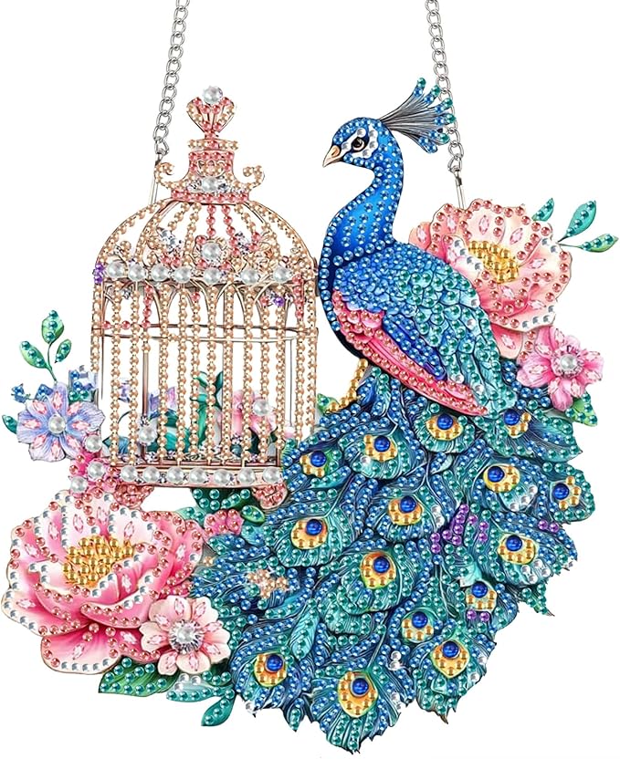 Bimkole Peacock Diamond Art Hanging Kit for Adult, DIY 5D Flowers Diamond Art Painting Window Pendant, Acrylic Crystal Art Hanging Ornament for Wall Home Garden Front Door Decor - 7.8x7.8 Inch