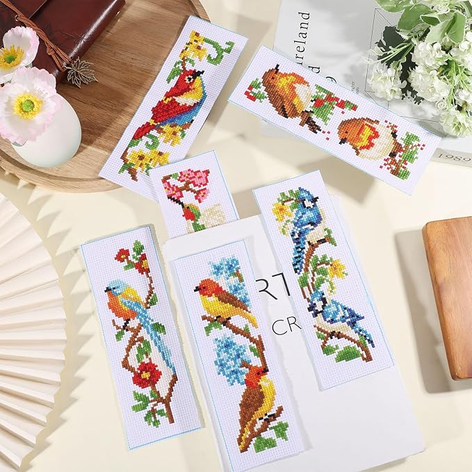 ORIGACH 6 Set Birds Cross Stitch Bookmark Kit for Beginner with Backing Felt Floss Instructions DIY Stamped Embroidery Bookmark Kit for Adults, Book Lovers