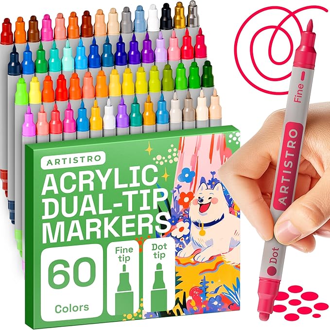 ARTISTRO 60 Acrylic Paint Markers for Rock, Fabric, Wood, Glass, Eggs - Dual-Tip Paint Pens for Coloring Books for Adults, Teens, Kids - Art & Craft Supplies - Gift Idea - Easter Basket Stuffers