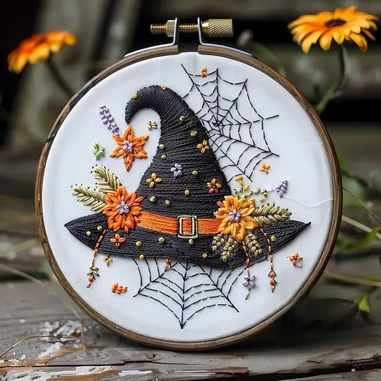 Floral Witch Hat Embroidery Kit Halloween Cross Stitch Material Set with Bat Skull Flower Pumpkin Patterns, DIY Hand Needlepoint Embroidery Craft Kit for Beginners Professional (Floral Witch Hat)