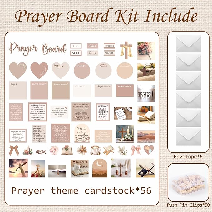 Prayer Board Kit Stickers - 162 Pcs Prayer Board Supplies with Pins Envelope Bible Verse Quotes Cards, Motivational Brown Scrapbook Stickers, Bible Study Supplies (Not Including Board)