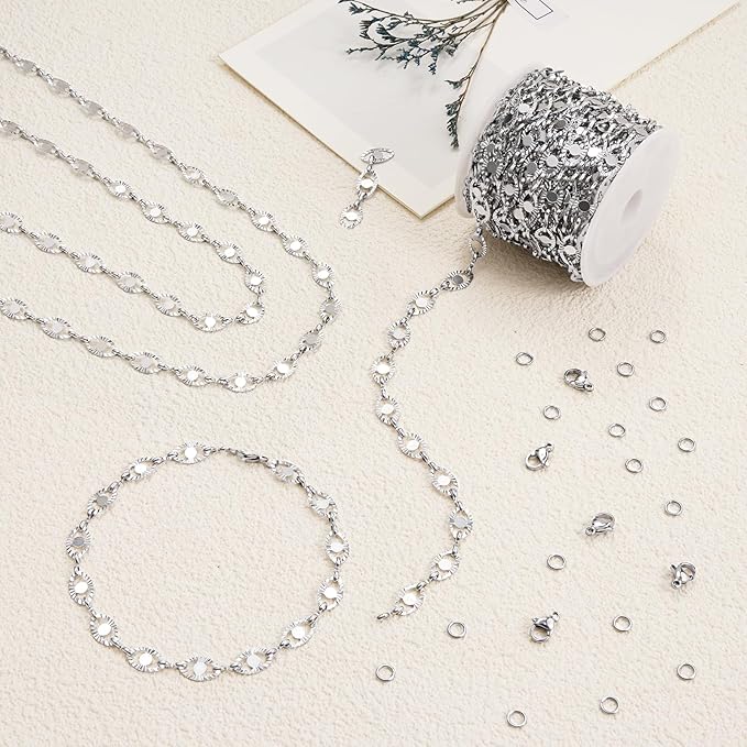 YOUBEIYEE 5 Meters Stainless Steel Chains for Jewelry Making Embossed Oval Bulk Chain Decorative Craft Chain Roll