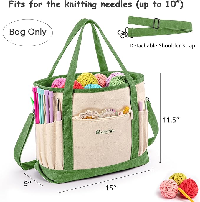 Canvas Yarn Storage Organizer Bag Washable Crochet Bag with Pockets for Yarn, Hooks, Needles – Travel Knitting Tote for Crafters – Gift for Crocheters & Knitters (Medium/Large)