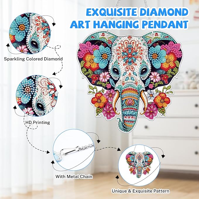 Bowetile Elephant Diamond Art Hanging Kits for Adults, 5D Special Shape Diamond Painting Flowers Pendant Kits, Animal Gem Art Suncatchers Painting Ornament for Home Garden Wall Decor