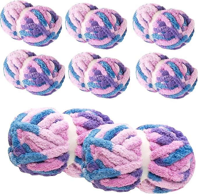 Chunky Yarn for Hand Knitting & Crocheting – Mixed Color Soft, Bulky Jumbo Yarn for Blankets, Scarves, DIY Projects, 8-Pack (Blue, Purple, Pink)