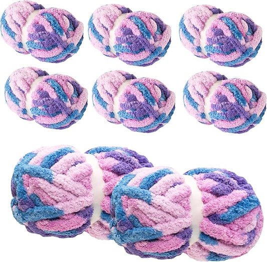 Chunky Yarn for Hand Knitting & Crocheting – Mixed Color Soft, Bulky Jumbo Yarn for Blankets, Scarves, DIY Projects, 8-Pack (Blue, Purple, Pink)
