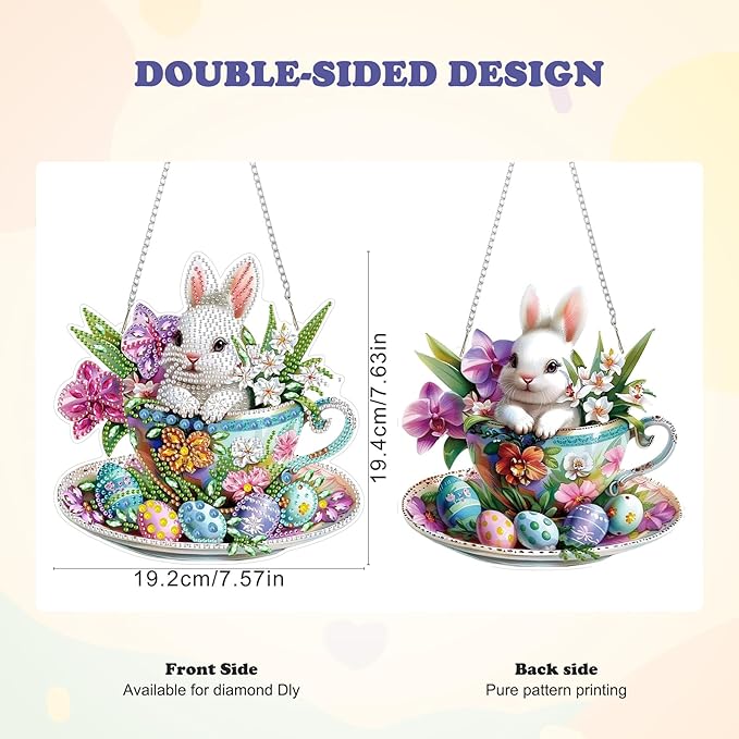 HEIBAGO Easter Bunny Diamond Art Hanging Kits for Adults, Diamond Art Suncatchers Rabbit, 5D Special Shape Diamond Painting Pendant, DIY Window Ornament Gifts for Home Garden Door Wall Decor 8.3x8.3In