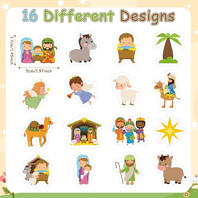 beyumi christmas nativity scene sticker - 1000pcs christmas religious stickers in 2 rolls waterproof vinyl xmas christian stickers jesus characters sheep donkey camel decals party laptop bottle decor