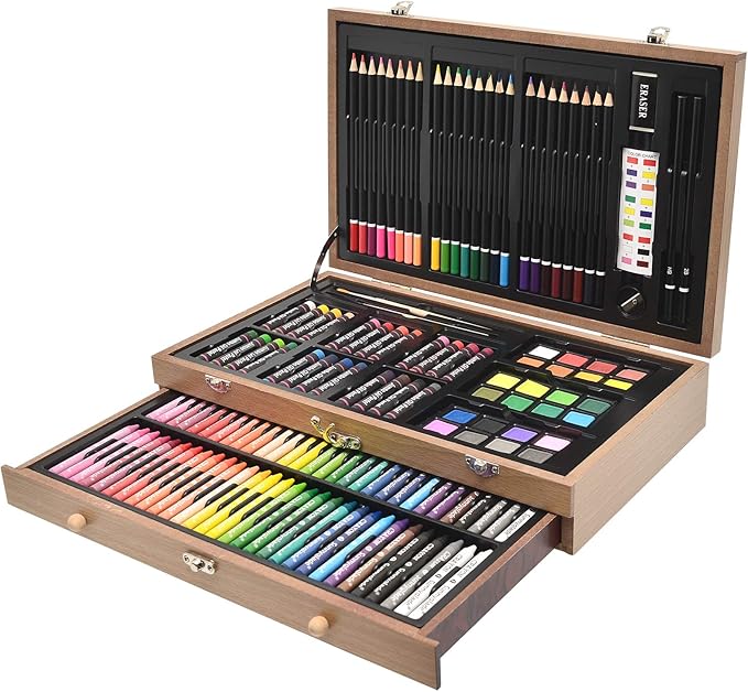 Sunnyglade 145 Piece Deluxe Art Set, Wooden Art Box & Drawing Kit with Crayons, Oil Pastels, Colored Pencils, Watercolor Cakes, Sketch Pencils, Paint Brush, Sharpener, Eraser, Color Chart (Tan)