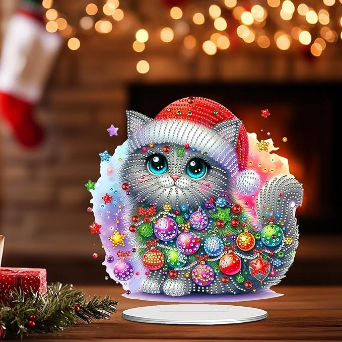 LAKEQUILL Christmas Diamond Painting Kits, Tabletop Ornament, Stand Up Diamond Art Desktop Kits for Home Office Decor, New Year Gift - Christmas Cat