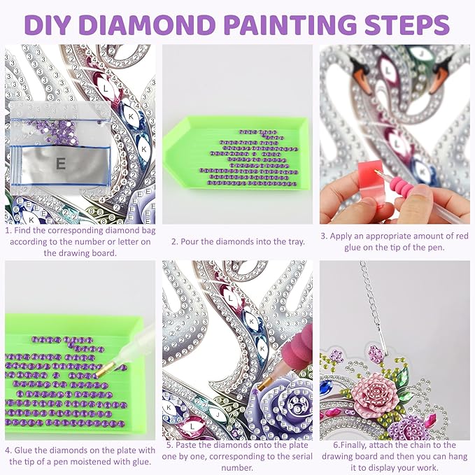 MEIYUDA Valentine's Day Diamond Art Hanging Kits for Adult, Two Swans Diamond Painting Hanging Kits Ornaments, DIY Love Special Shaped Rhinestone Window Pendants kit for Home Garden Wall Decor Gift