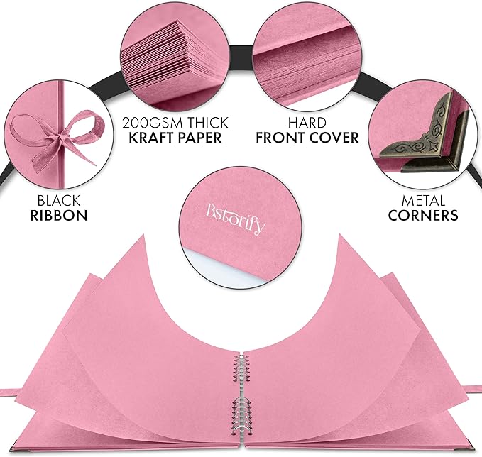 Bstorify 10 x 10 Inches Scrapbook Album 70 Pages Pink Thick Kraft Paper Corner Protectors, Ribbon Closure - Ideal for Your Scrapbooking, Art & Craft Projects (Pink, 10 x 10 Inch)