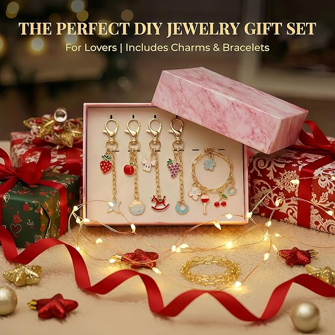 XJlSGXUSG 490Pcs Gold-Tone Charm Bracelet Making Kit – DIY Jewelry Arts & Crafts Gift Box with 126 Enamel Pendants, Pliers, Chains – Unique Birthday Gift Ideas for Teen Girls & Women