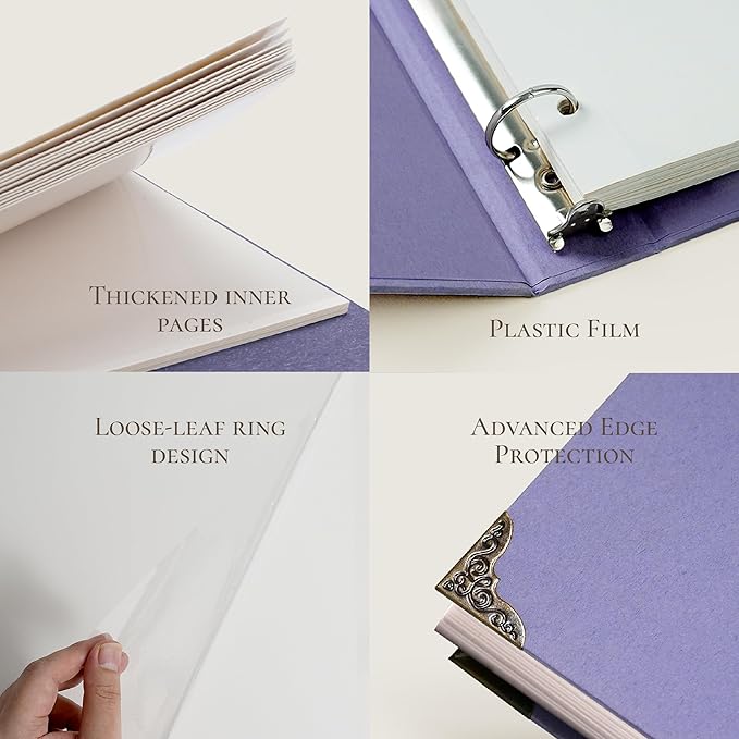 Vienrose Photo Album Self Adhesive 40 Pages Hardcover DIY 3 Ring Scrapbook Photo Albums for Kids Wedding Baby Family Purple