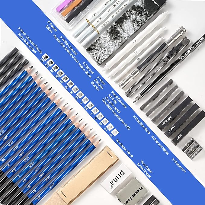 Prina 50 Pack Drawing Set Sketch Kit, Sketching Supplies with 3-Color Sketchbook, Graphite, and Charcoal Pencils, Pro Art Drawing Kit for Artists Adults Teens Beginner Kid, Ideal for Shading, Blending