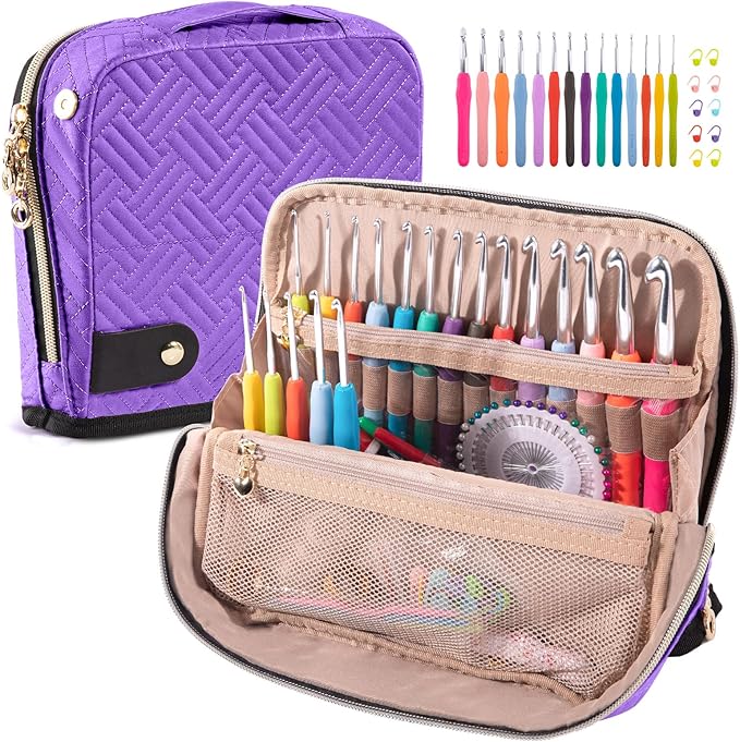 MYBAGZING Crochet Hook Case with 14 Size Crochet Hooks Set 2mm(B)-10mm(N) Ergonomic Crochet Hooks with Crochet Case Stand Up - Crochet Hook Organize for Crochet Lovers, Crochet Kit for Beginners