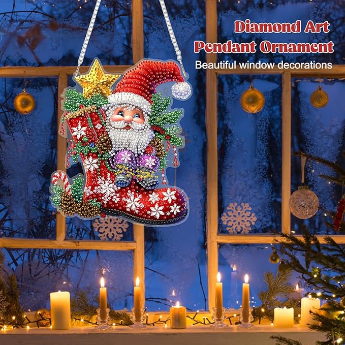 RICUVED Christmas Hanging Diamond Art Kit for Adults, Gnome Special Shaped Crystal Gem Craft Boots Diamond Painting Pendant Kit for Beginners, DIY Hanging Acrylic Art Ornament for Home Garden Decor