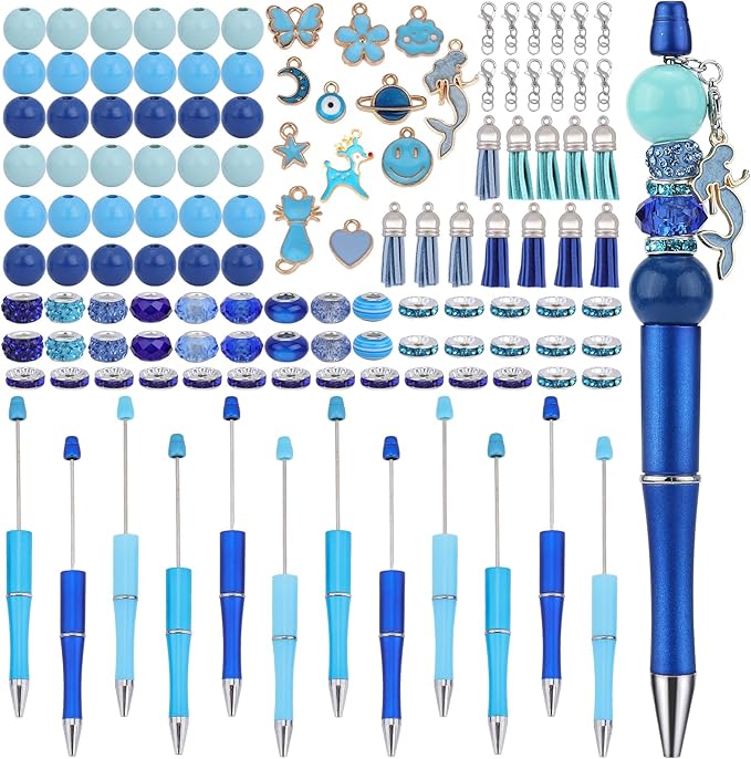 12pcs DIY Beadable Pens Bulk Pens for Beads Beaded Pen Kit for Students Teacher Office Supplies DIY Making Gifts(Blue)