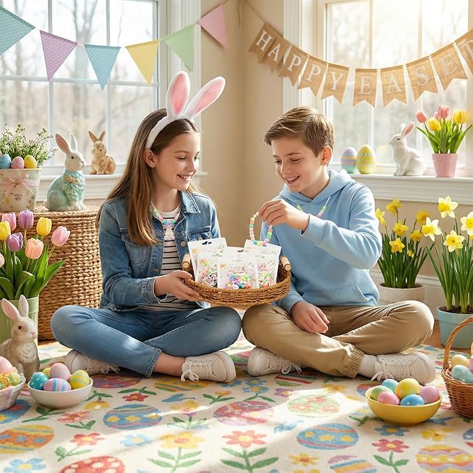 Bafeil 24 Set Easter Crafts Bead Necklace Making Kit for Kids - DIY Make Your Own Bunny Necklace for Arts and Crafts Project, Classroom Activities Gifts, Party Favors & Easter Basket Stuffers