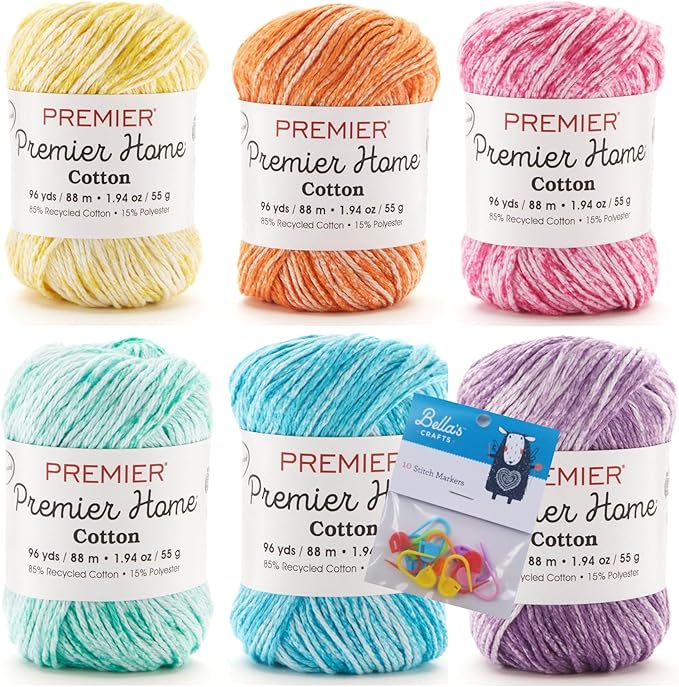 Premier Home Cotton Yarn 6-Pack Bundle with Bella's Crafts Stitch Markers (Splash Mix)