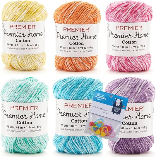 Premier Home Cotton Yarn 6-Pack Bundle with Bella's Crafts Stitch Markers (Splash Mix)