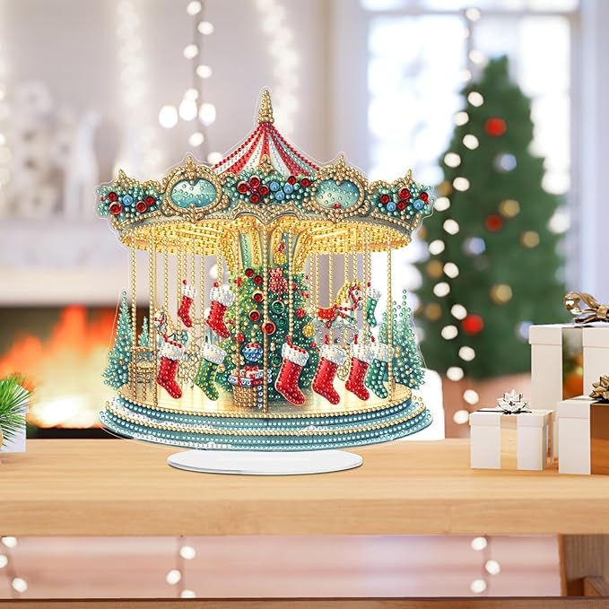 LAKEQUILL Christmas Diamond Painting Kits, Tabletop Ornament, Stand Up Diamond Art Desktop Kits for Home Office Decor, New Year Gift - Xmas Carousel