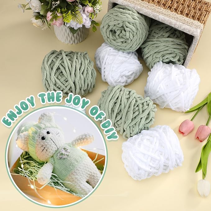 Buryeah 8 Pack Chunky Chenille Yarn for Crocheting Soft Thick Fluffy Yarn for Hand Knitting Bulky Velvet Blanket Plush for Weaving DIY Crafts Each 3.5 oz 55 Yards (White,Green)