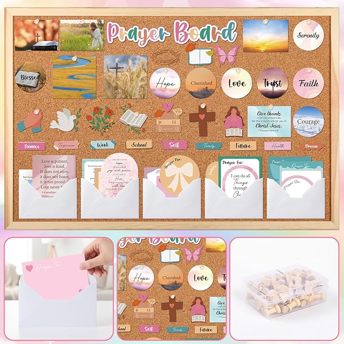 Boho Prayer Board Kit - 114 Pcs Prayer Board Supplies with Pins Envelope Bible Verse Quotes Cards Colorful Motivational Vision Boards Decorations, Bible Study Supplies (Not Including Board)
