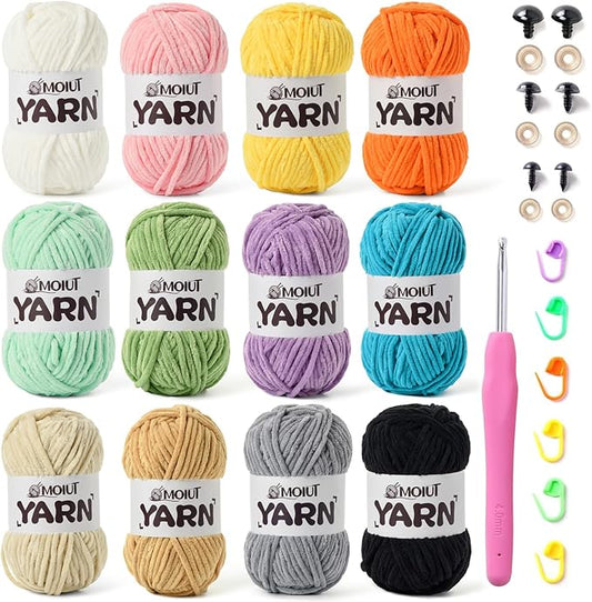 12 Pack Velvet Yarn for Knitting, Chunky Chenille Yarn for Crocheting, Baby Yarn for Crocheting Soft Blanket, Super Bulky 42.3oz(1049yds), Multicolor Amigurumi Yarns Set B