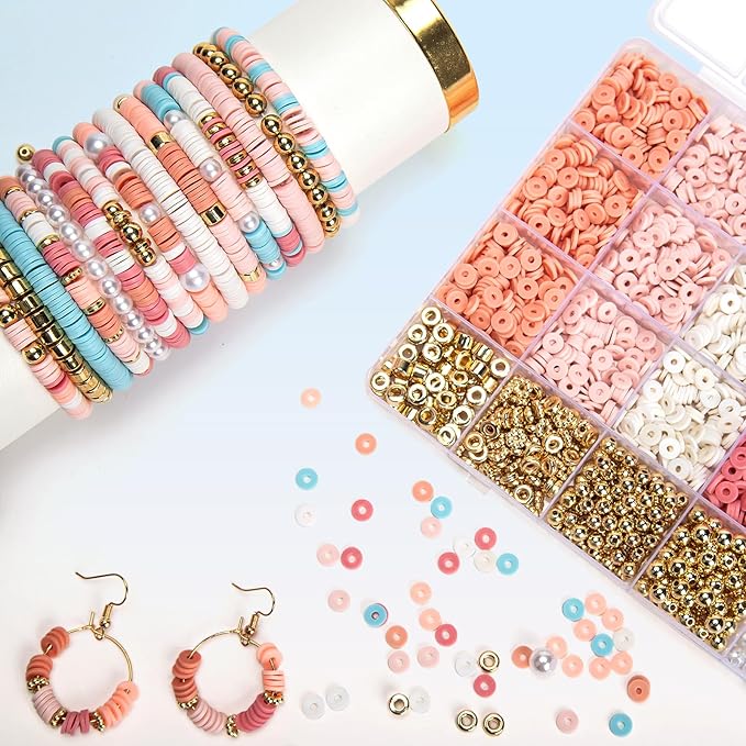 2350pcs Clay Beads for Bracelets Making, 6 Color Heishi Beads Polymer Clay Beads for Jewelry Making Supplies Charm, Friendship Bracelet Making Kit for Girl Women Adults (Pink)