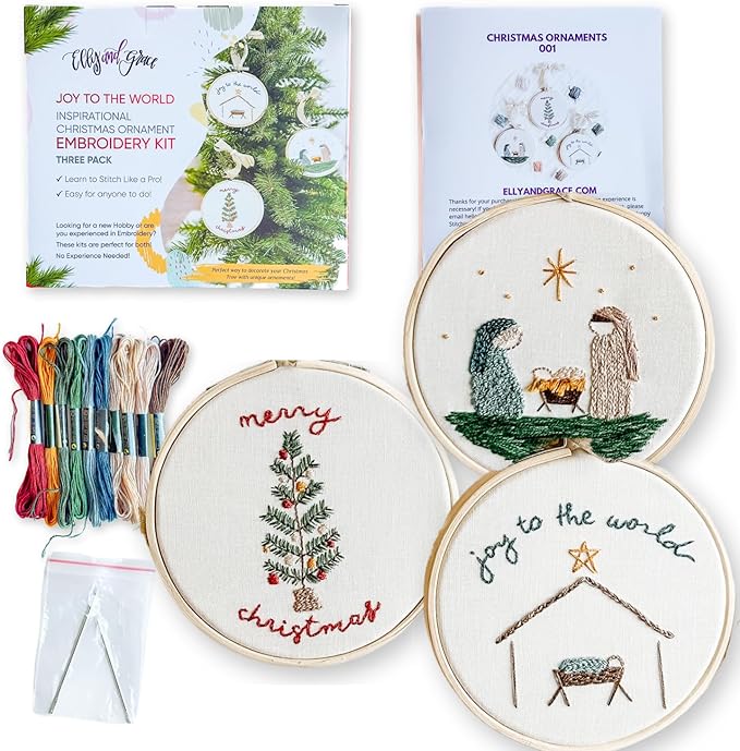 elly & grace christian embroidery kit with embroidery hoop, easy embroidery kit for beginners and adults, full embroidery hoop kit with needles and thread included (joy to the world)