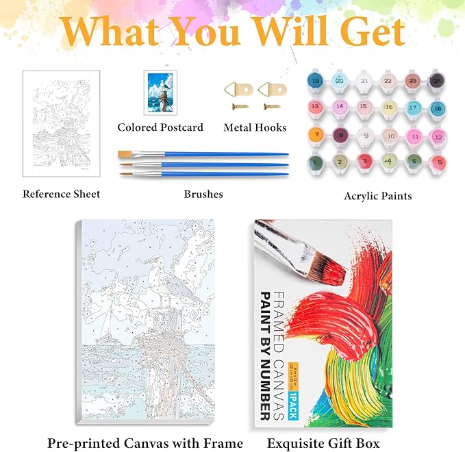 Framed Paint by Numbers Kit for Adults Beginner Seagull, Adult Paint by Number Kits on Canvas Framed Seascape, DIY Acrylic Oil Painting by Numbers with Frame, Perfect for Home Decor Gift 8 X 12 Inch