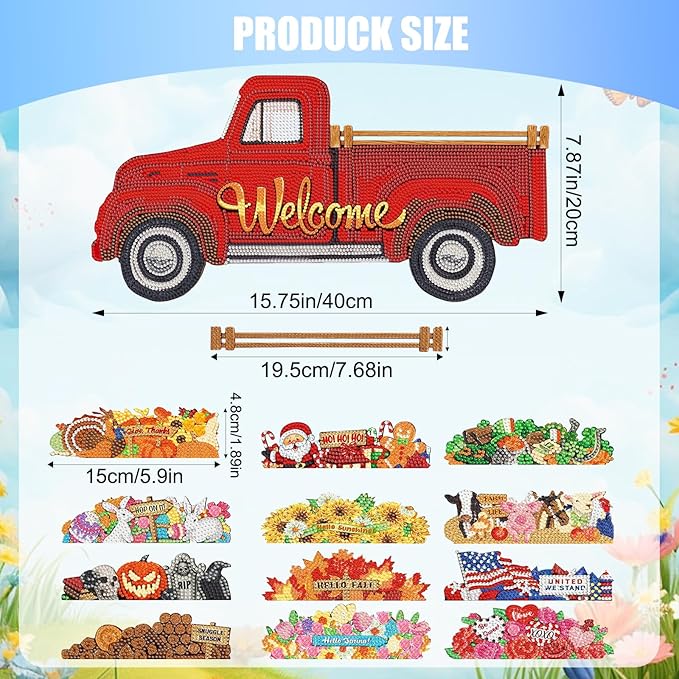 APCGSM 13PCS Interchangeable Diamond Painting Welcome Sign for Front Door Holiday Decor Red Truck Hanging Sign DIY Diamond Art Kits for Adults Interchangeable Seasonal Decor for Home Wall Farmhouse