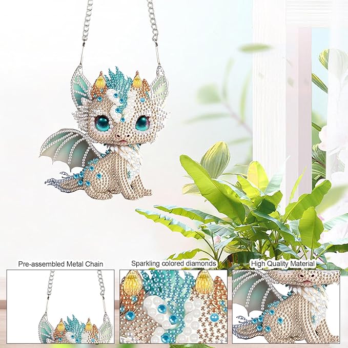 AiYuanzsh Diamond Painting Hanging Sign Set Diamond Art Hanging Wall Art Cute White Dragon DIY 5D Crystal Rhinestone Pendant Kits for Christmas Wall Door Window Decorations