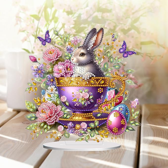 DIY Dot Diamond Desktop Easter Creative Ornaments Diamond Art Painting by Number Embroidery Arts and Crafts Easter for Home Office Garden Decoration (Single Side Dot Diamond)-#01-Teacup Bunny