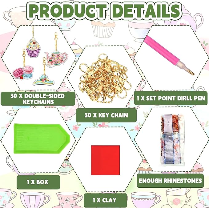 Huquary 30 Pcs Diamond Painting Keychains Tea Party Diamond Art Sets for Adult, Double Sided 5d Diamonds Hanging Keychains for Adult Beginner DIY Crafts Party Gift