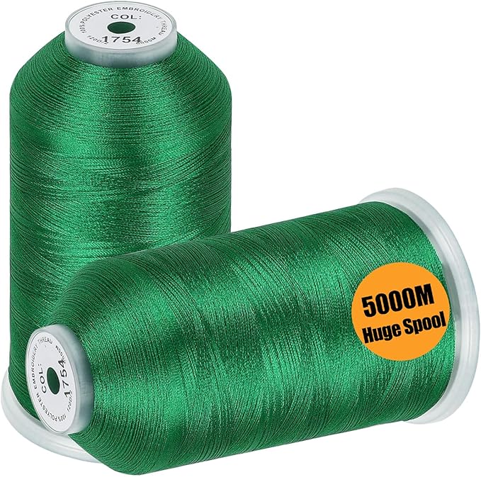 New brothread - 2 Huge Spools 5000M Each Polyester Embroidery Machine Thread 40WT for Commercial and Domestic Machines - Christmas Green