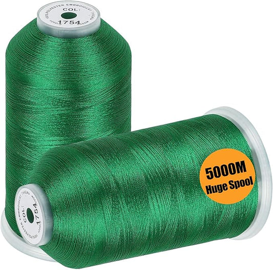 New brothread - 2 Huge Spools 5000M Each Polyester Embroidery Machine Thread 40WT for Commercial and Domestic Machines - Christmas Green
