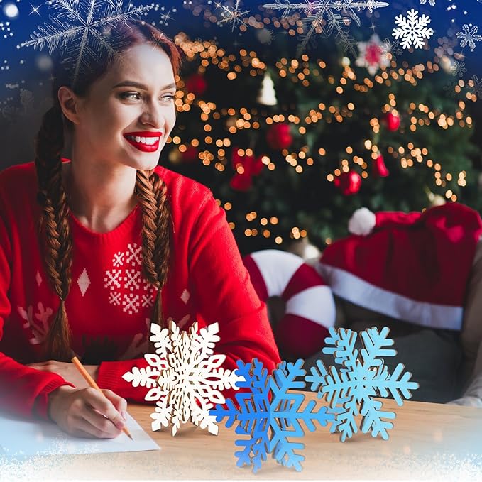Blosssound 48 Pcs Winter Crafts Set 36 Pcs 3D Wood Snowflake Cutouts Wooden Unfinished Snowflake Slices to Paint with 12 Colored Marker for Winter Wonderland Decoration Christmas DIY Handmade Project