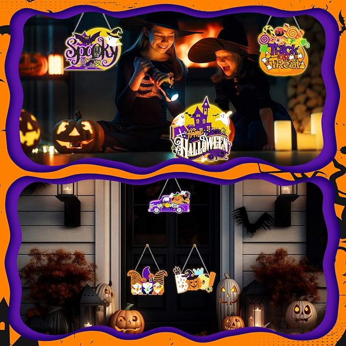 Chiisong 6 Pcs Halloween Diamond Art Painting Kits Hanging Sign Set Witch Pumpkin Gnome Glow in The Dark Diamond Art Painting Kits Halloween Hanger Adult 5d DIY Craft for Wall Door Window Porch Decor