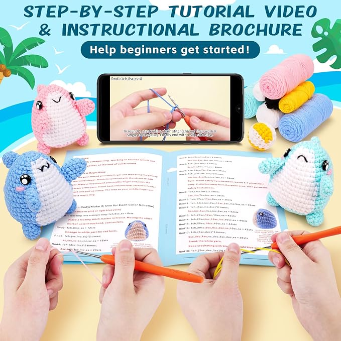 crochet kit for beginners -3 pcs sharks with a ball crochet kit with step-by-step video tutorials, beginner crochet kits for adults, crochet animal kit, shark beach party crocheting set