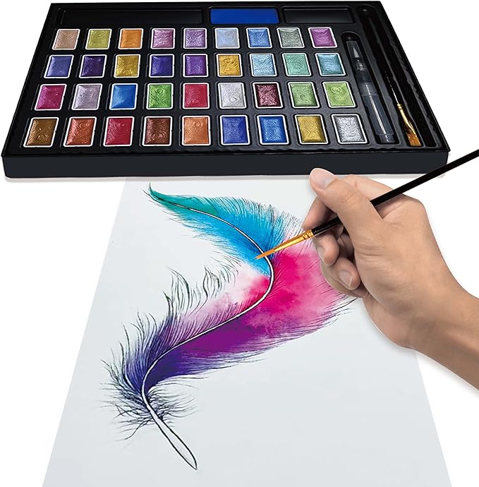 Shimmer Watercolor Paint Set, 36 Colors Glitter Metallic Watercolour Painting Sets, Solid Pearl Water Color Paints for Artists, Amateur Hobbyists and Painting (36 Colours)