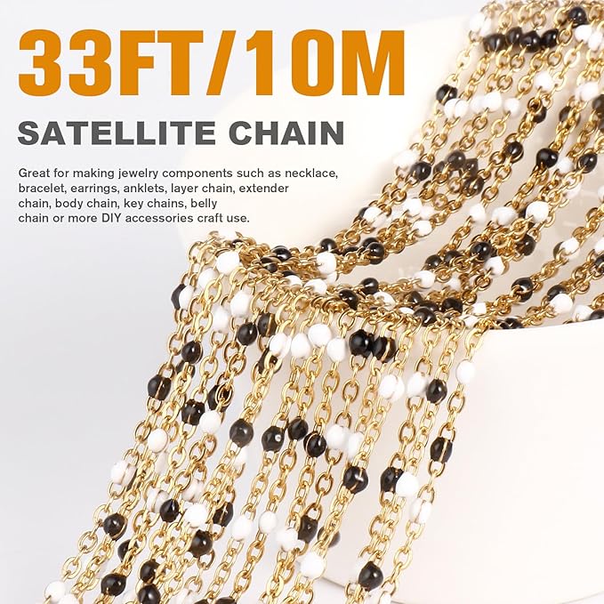 33 Feet Gold Enamel Chains Bulk, 2mm 18K Gold PVD Plated 304 Stainless Steel White Black Enamel Beaded Cable Link Chain Roll Spool for Jewelry Making
