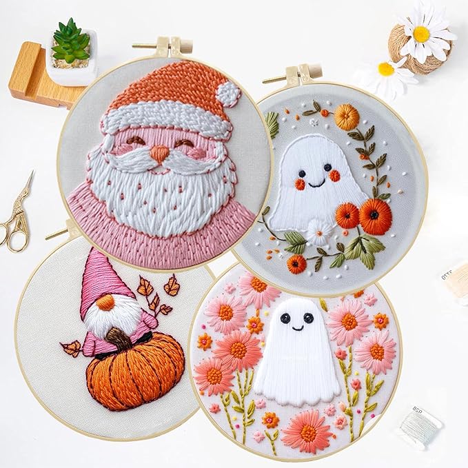 LB Christmas Thanksgiving Embroidery Kit for Adults & Beginners - 4 Piece Halloween DIY Cross Stitch Starter Kit with Ghost, Pumpkin, Floral Designs (Pink/Orange), Hoop, Threads, Needles